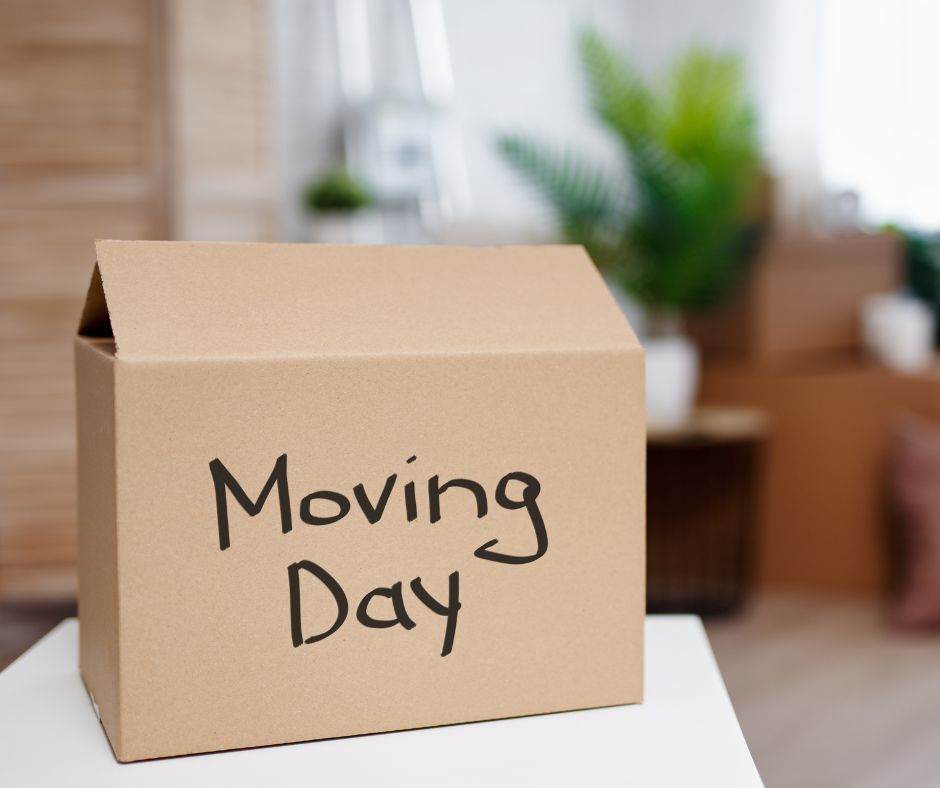 A cardboard box has the words "Moving Day" on it